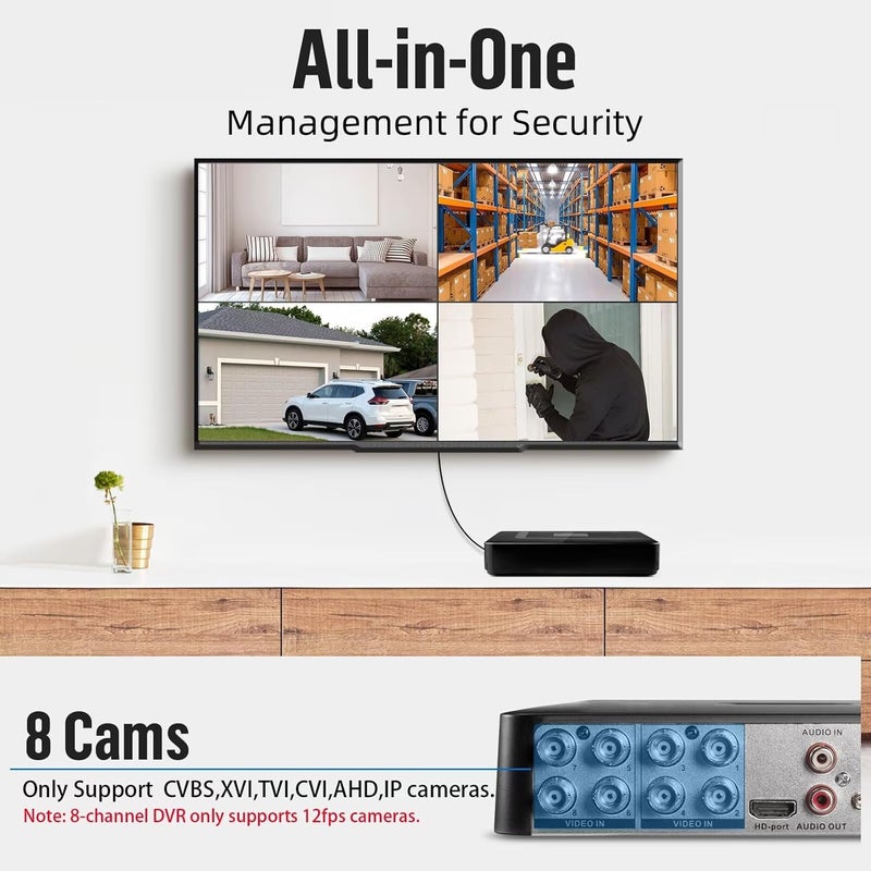 Fuers 8 Channel Security DVR Recorder with 500G HDD, 8CH Hybrid 6-in-1 CCTV DVR for Surveillance Camera, Supports 8CH Analog Cameras, DVR for Security Camera Home Surveillance System, Mobile APP & PC Remote - Image 2